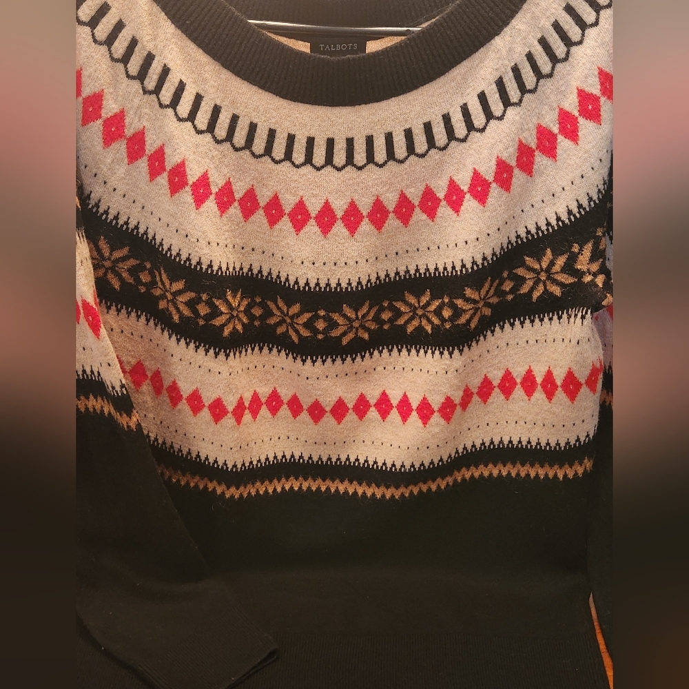 Talbots Fair Isle Wool Blend Sweater Black W Multi-Color L Holiday Cabincore - Picture 3 of 9